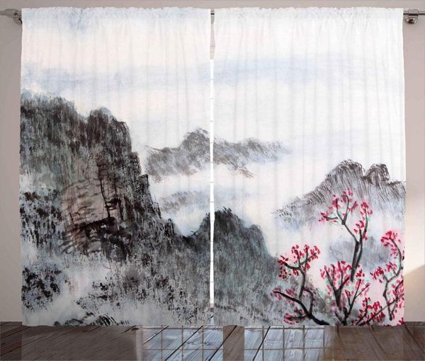 Cortina cortina asiáticos pintura chinesa tradicional paisagem paisagem sakura cerejeira montanhas nubladas sala de estar quarto de janela de cortinas de janela