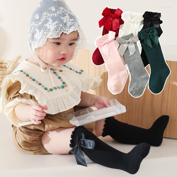 Mulheres Socks 2023 Baby Color Solid Hights Tight meias Long Kids Bow Costas da escola de algodão para crianças