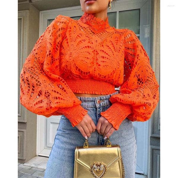 Blouses femininas 2023 Mulheres elegantes Hollow Out Shirred Lantern Sleeve Crop Top Femme Casual High Neck Blouse Long Lady Streetwear Roupas