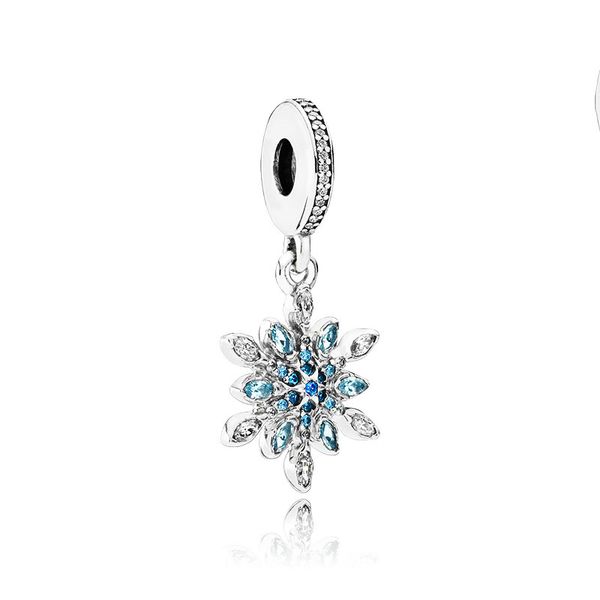 Floco de neve azul espumante Dangle Charme 925 Prata de esterlina para Pandora Mulheres Jóias Chapa de Corrente de Corrente de Jóias Colar Fazendo Acessórios Charms Conjunto com Caixa Original