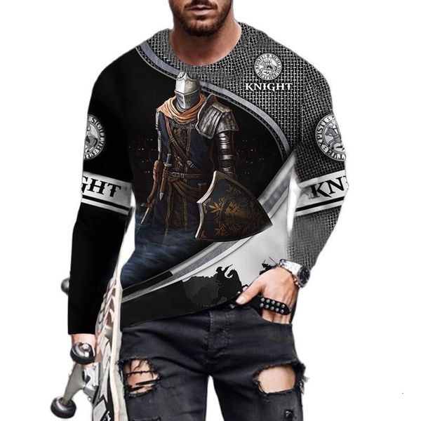 Erkek Tişörtler Retro Samurai Desen Şövalyeleri Templar 3D Baskılı T-Shirts Sokak Giyim Gevşek Bahar Sonbahar Uzun Kollu Tişört 5xL 230217