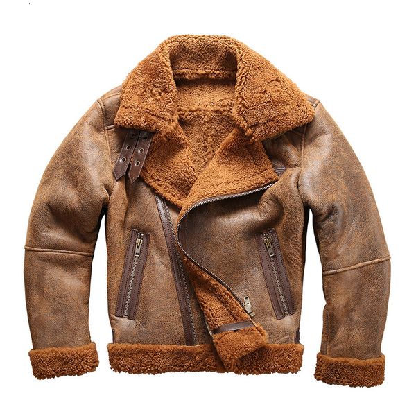 Couro de couro masculino Tamanho europeu de alta qualidade Super quente ovelha genuína Big B3 Shearling Bomber Military Male Macho Jaqueta 8006 230217