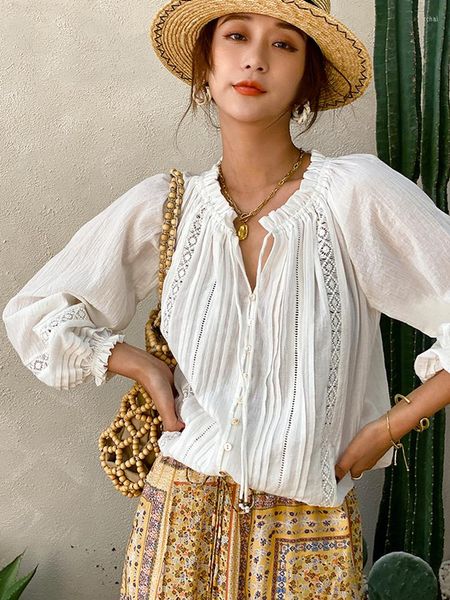 Женские блузки цыганка белая кружевная рубашка блузя хлопковая весенняя осень с длинным рукавом, является чистым женским шикарным топ -блузами