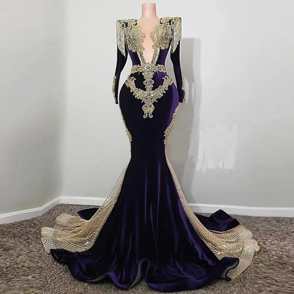 Vintage African Purple Veet Meerjungfrau Prom Kleid Langarmes Gold funkeln