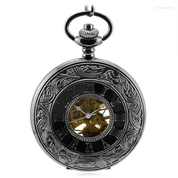 Relógios de bolso Antique steampunk mecânica vento flip Double Display FOB Black Men's Welp Watch Pingente Gift