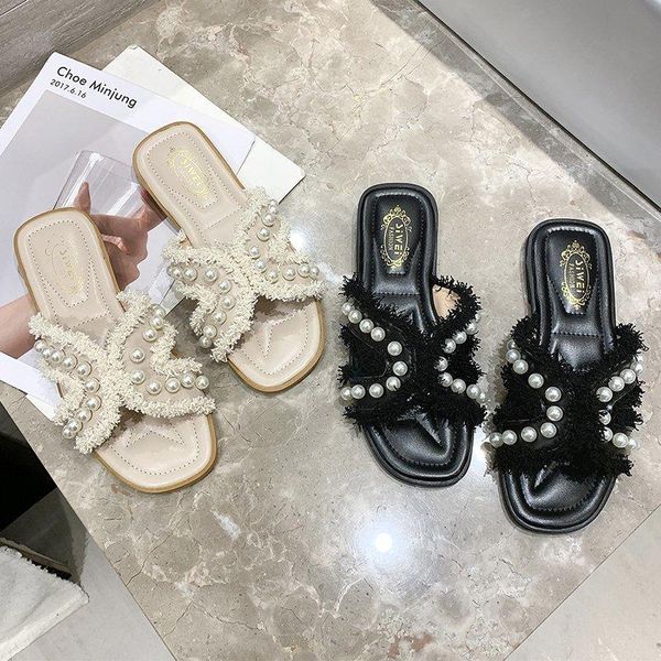 Slippers Women Shoes Luxury Designers 2023 Summer Woman Pearl Flats Diamond Bling Peep Toe Mules Lady Pumps Slides