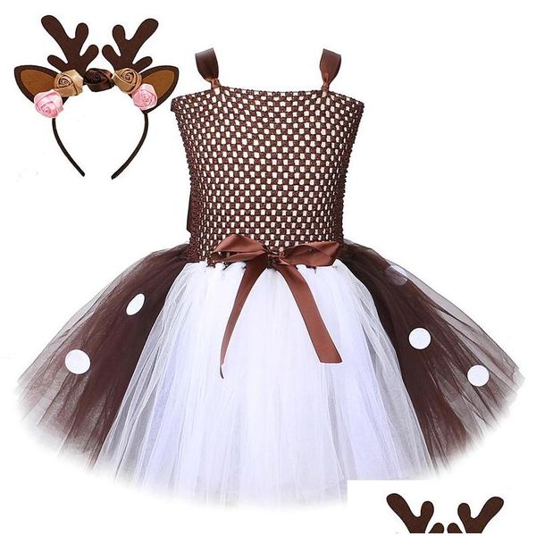 Vestidos de menina veado vestido tutu para meninas figurinos de halloween garotas rena de meninas com bandeira de flor de roupa de animais