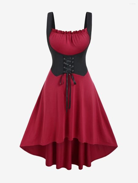 Casual Dresses ROSEGAL Plus Size Vintage Spitzenkleid Sommer Zweifarbig High Low Ärmellos Korsett Robe Rüschen Midi Vestidos für Frauen