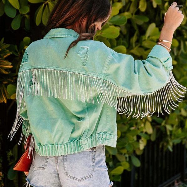 Damenjacken AYUALIN Vintage Casual Frühling Herbst 2023 Oversize Outwear Boho Kette Quaste Langarm Denim Jacke Frauen Lose Mantel