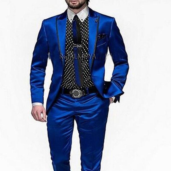 Ternos masculinos Blazers Tuxedo de casamento de 2 peças para noivo Slim Fit Men Royal Blue Satin Macho Jacket com calças pico de fantasia de lapela