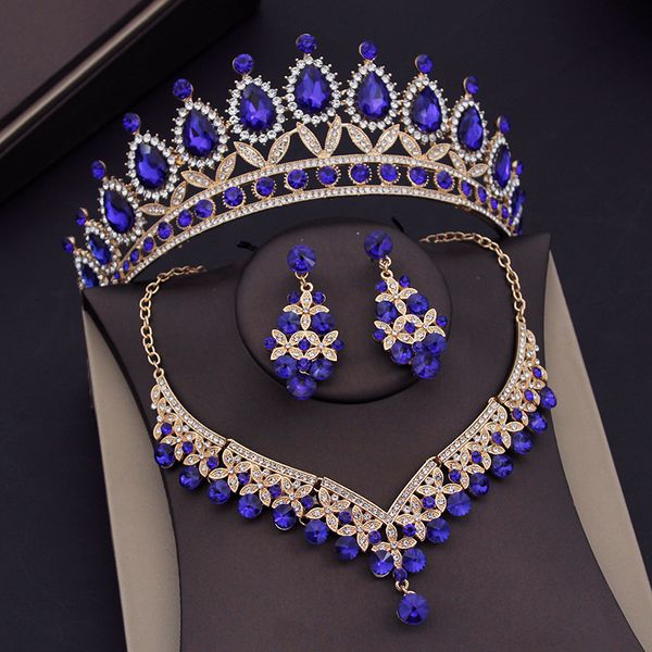 Jóias de casamento conjuntos de cristal azul barroco para mulheres Tiaras Crown Brincos Vestido de noiva Dubai Conjunto 230216