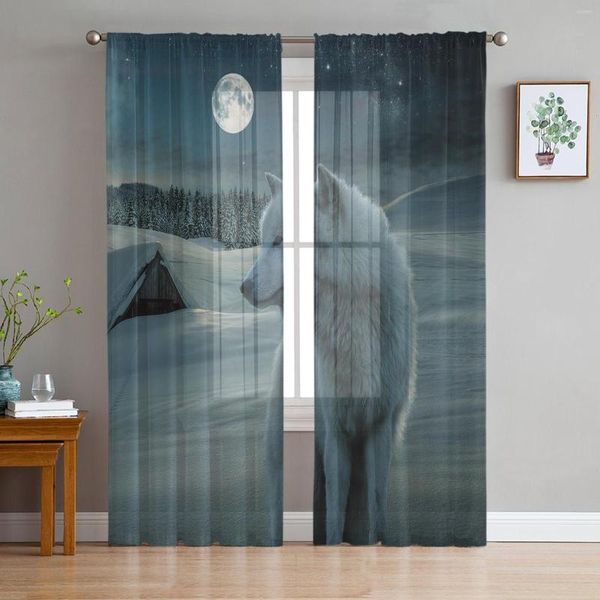 Cortina de lua cheia Snowfield Wolf Starry Sky Sheer Cretins for Living Room Modern Voile Bedroom Tule Drapes de janela