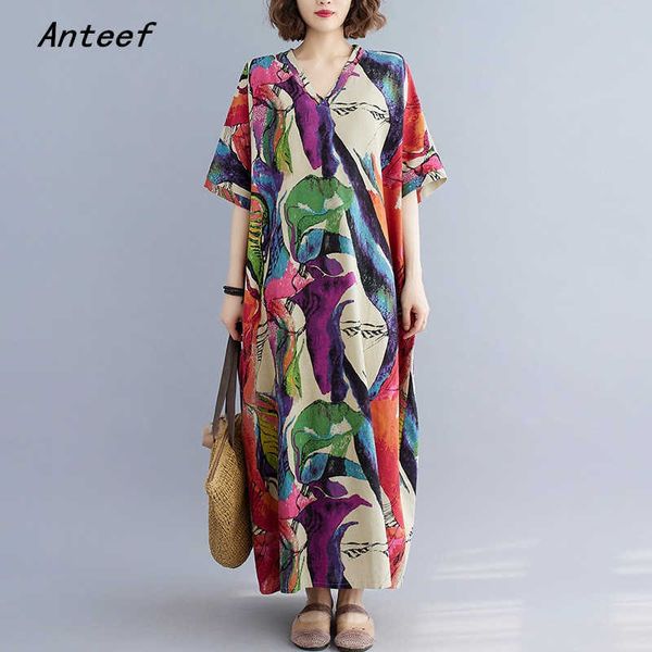 Abiti casual manica corta oversize in cotone lino abiti vintage per donna casual maxi abito da spiaggia estivo lungo allentato abbigliamento elegante 2022 Z0216