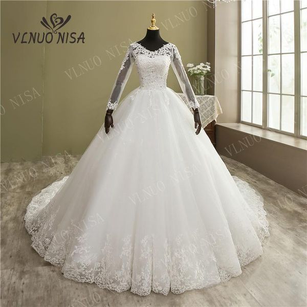 Abiti da festa Moda Elegante ricamo in pizzo manica lunga Abito da sposa con strascico Immagine reale Abito scollo a V Bellissimo Plus Size Vestido De Noiva 230217