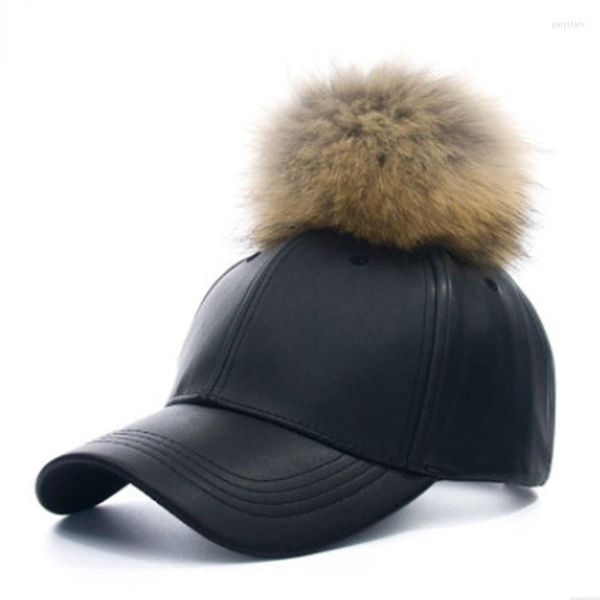 Ballkappen MAERSHEI Frauen Mode Echtpelz Baseballmütze Warm Casual Sweer Mädchen Hut Snapback Pom Leder Hip Hop Knochen