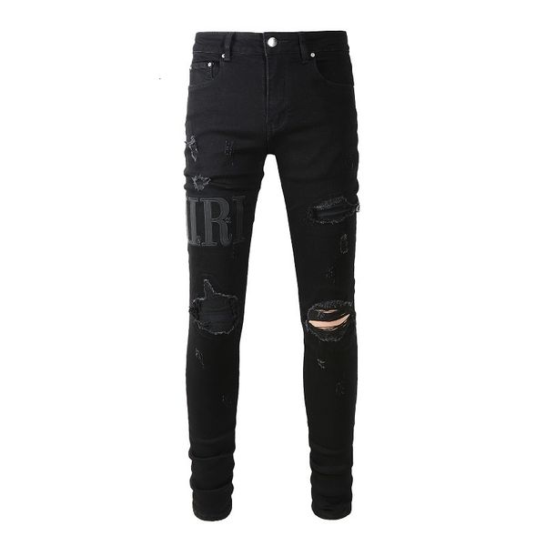 Jeans masculinos pretos Streetwear Moda de rua esbugalhada Padrão de retalhos de retalhos danificados com estiramento magro rasgado 230216