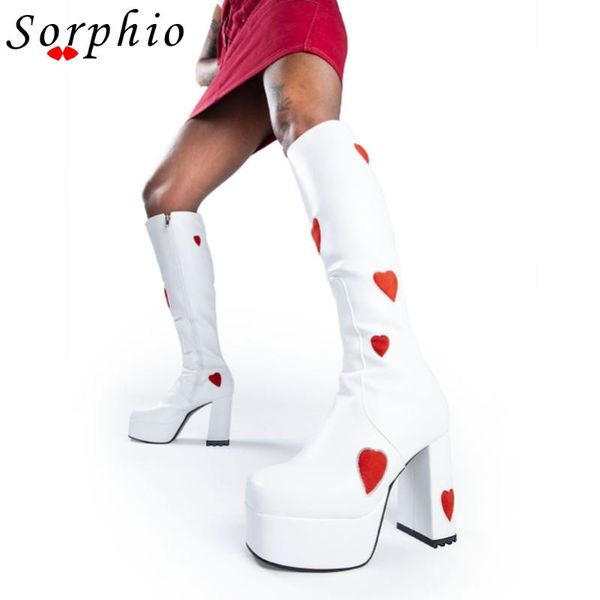 Heart High Boots Heel колена Женская платформа zip дизайн бренда сладкая зима стильная обувь женщина