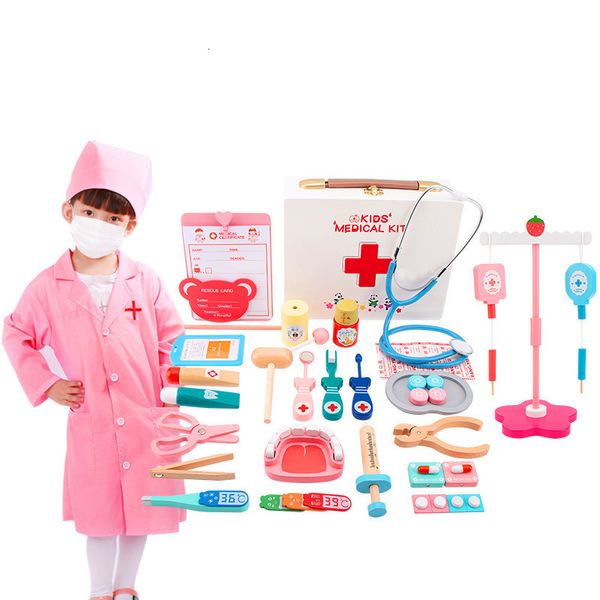 Outros brinquedos de madeira Doctor Wooden Conjunto de brinquedos simulação kit de enfermeira de família finge brincar de hospital Medicina Montessori Kid Toys for Children 230216
