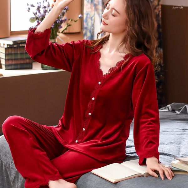 Indumenti da notte da donna Vestiti da donna per la casa Inverno Rosso Due pezzi Pizzo Sexy Nighty Autunno e velluto Cardigan allentato a maniche lunghe da donna