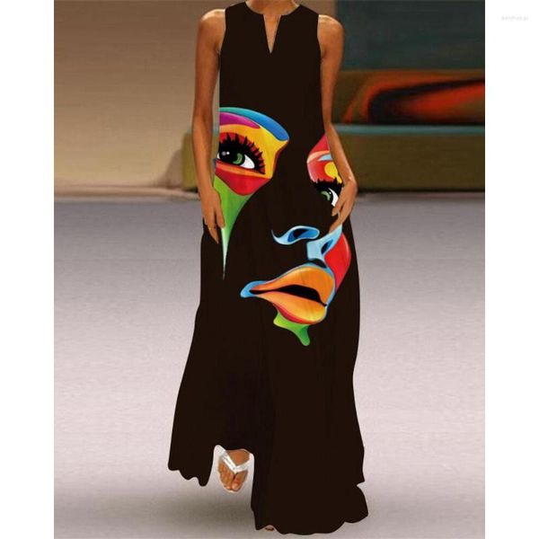 Vestidos casuais S-3xl Summer mulheres abstrato figura estampa mangueira maxi vestido moda femme v corte de grandes dimensões Robe de roupas retas