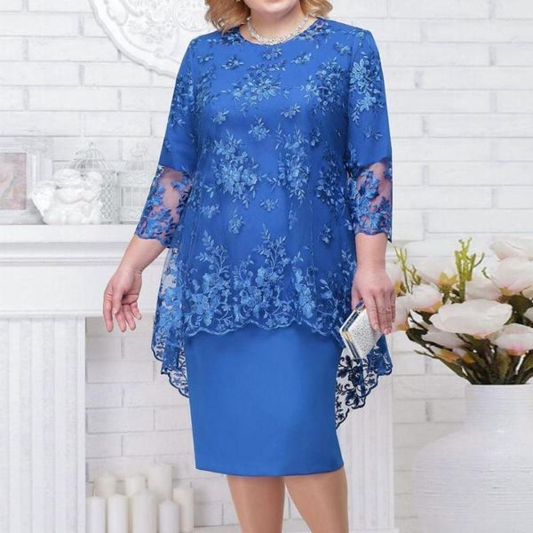 Casual Kleider Midi Kleid Oansatz Hohe Taille Plus Größe Stickerei Spitze Blume Cover Up 3/4 Hülse Dame Abend Set weibliche Kleidung