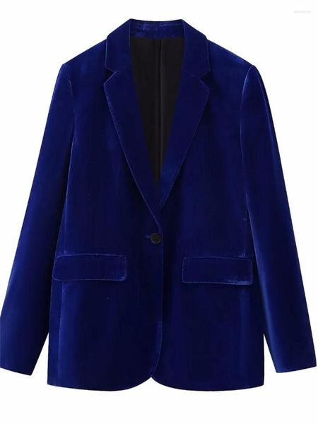 Abiti da donna Moda donna Tasche con patta in velluto blu Bottone singolo Cappotto lungo blazer 2023 Maniche lunghe Office Lady Capispalla femminile