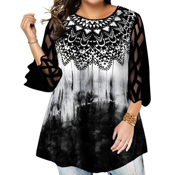 Damen Plus Size T-Shirt Plus Size Damen Kleidung Gothic Bluse Damen Spitze Perspektive Ärmel Tye Dye Top Übergroße Blusa Feminina Elegante Camisas 230216