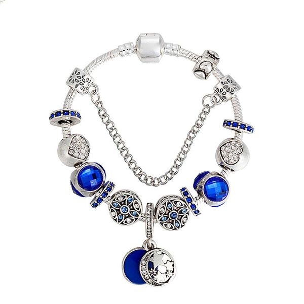 Blu Charm Moon and Star Braccialetti a pendente per Pandora 925 Gioielli per feste placcati in argento per donna Girlfriend Gift Snake Chain Charms Bracciale Set con scatola originale