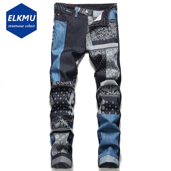 Jeans da uomo Bandana Paisley Uomo Streetwear Harajuku Pantaloni hip-hop in denim Patchwork Moda Pantaloni slim blu per uomo 230216