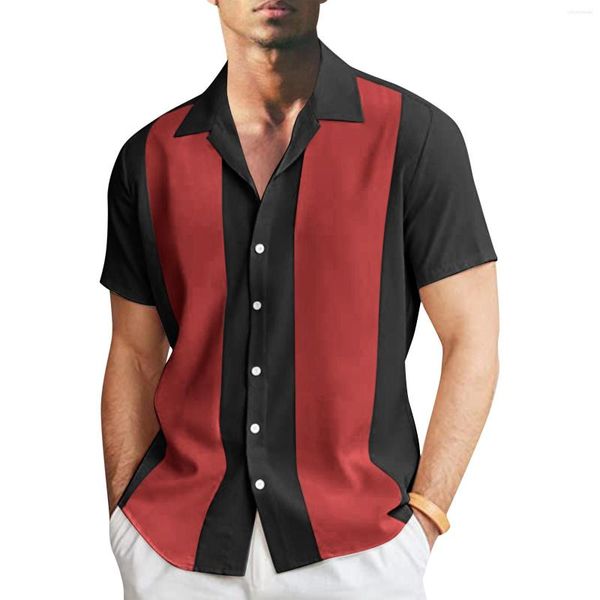 Camisas casuais masculinas listra -se de manga curta de lapéu de lapéu de lapão preta de cor vermelha correspondente camisa social Camisa de verão Tops havaianos