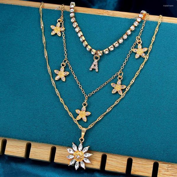 Catene Fashion Golden Multilayer Crystal Iniziali Collana con ciondolo a forma di fiore Stella marina Charms Tennis Choker Jewelry