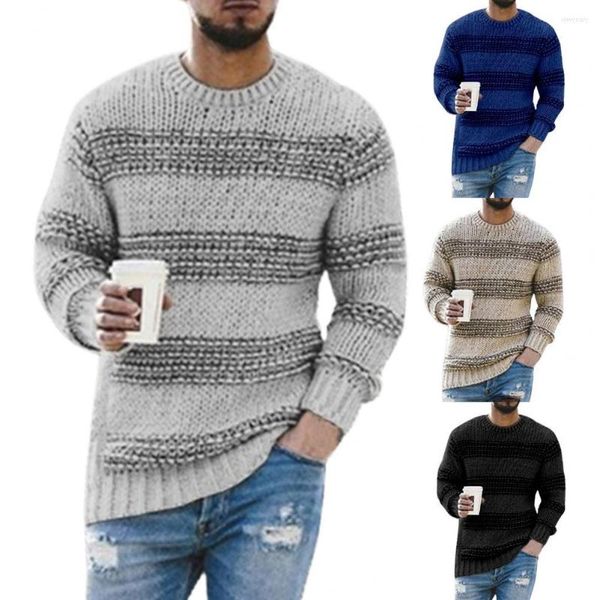 Camisetas de camisetas masculinas suéter de malha quente de malha longa com manga longa estampa listrada casual o pescoço de streetwear de pulôver de pescoço