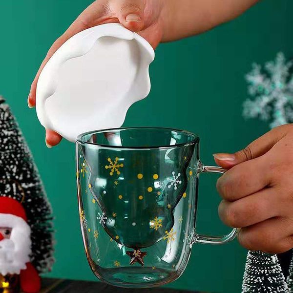 Tassen 300 ml doppelschichtige Anti-Verbrühungsglas Weihnachtsbaum Sternenhimmel Kaffeetasse Frühstück Milchbecher für Zuhause FEA889