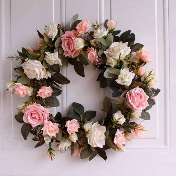 Fiori decorativi 40 cm Ghirlanda di rose rosa artificiali Ghirlanda simulata Anello in rattan Decorazione per la porta d'ingresso della festa nuziale