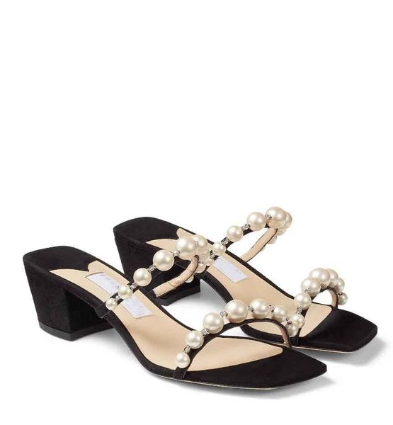 2023 Summer Brands Lxuxry Brands AMARA Sandals Sapatos para Mulas de Couro Nappa Feminina com Saltos de Bloco de Strappia de Pearl Sapato de caminhada preto Sapato EU35-43