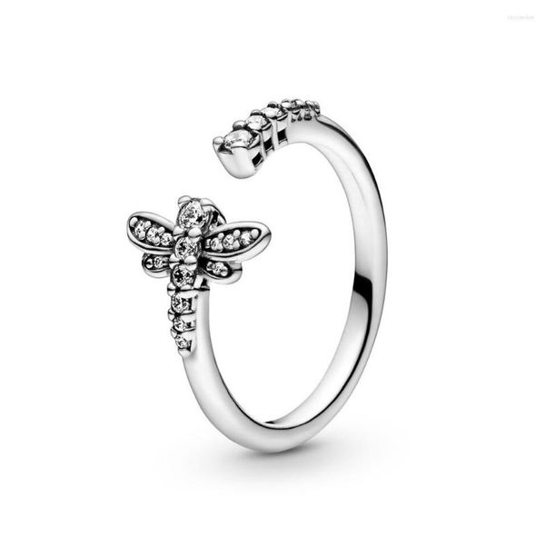 Ringos de cluster autênticos 925 Sterling Silver Sparkling Dragonfly Open Fashion Ring for Women Gift Diy Jóias