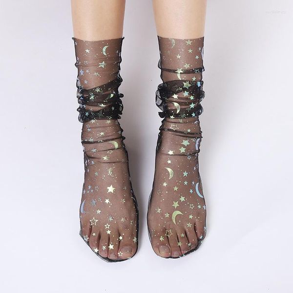 Frauen Socken Sommer Dünne Lange Glitter Star Mond Tüll Weibliche Transparente Chiffon Spitze Up Kleid Calcetines