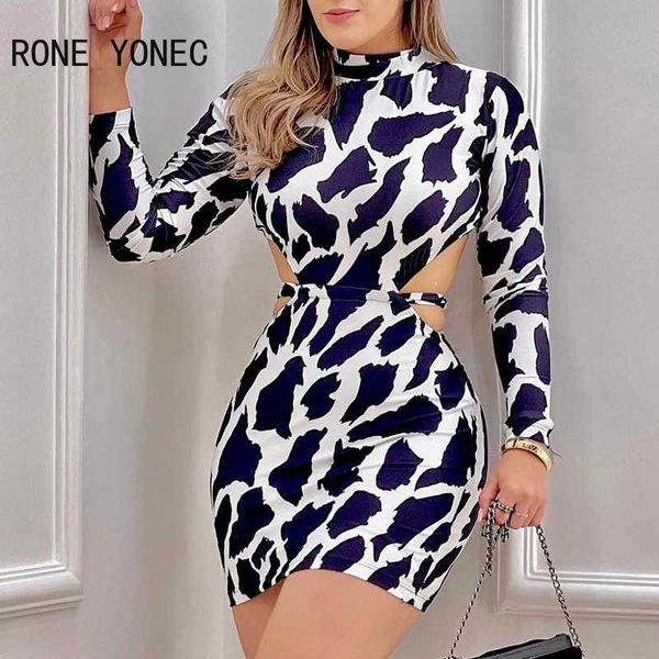 Vestidos casuais mulheres sexy elegante gola alta de mangas compridas Padrão de leopardo Midriff bodycon mini vestidos de festa sexy z0216