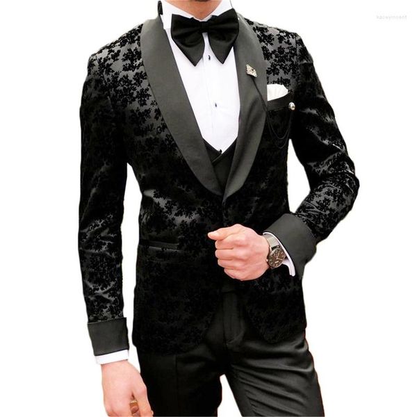 Herrenanzüge Schwarz Bedruckt Männer 3 Stück Appliziert Nach Maß Hochzeit Revers Hochwertige Mode Formal Business Mantel Hose Weste