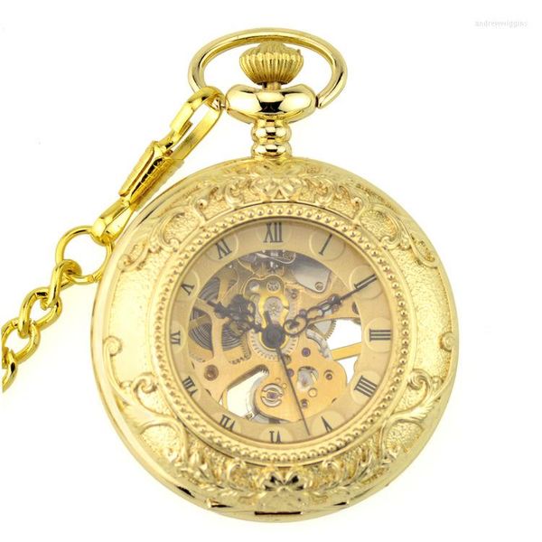Relógios de bolso xg374 esqueleto de luxo mecânica mão wind fob relógio de molinete de molinete pingente pingente presente completo
