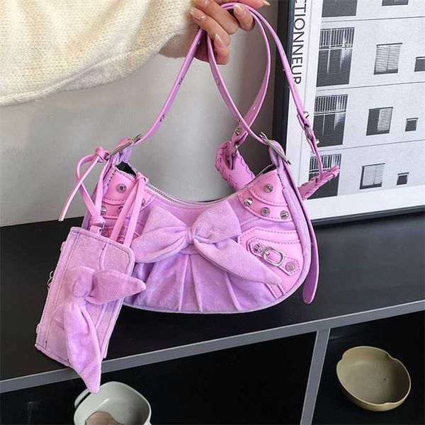 Bolsa 2023 New Locomotive Bag Mini Rivet Briable Buckle Tassel Tassel Crescent Pleated Velvet Sling Sling Sling Shoe Shoe