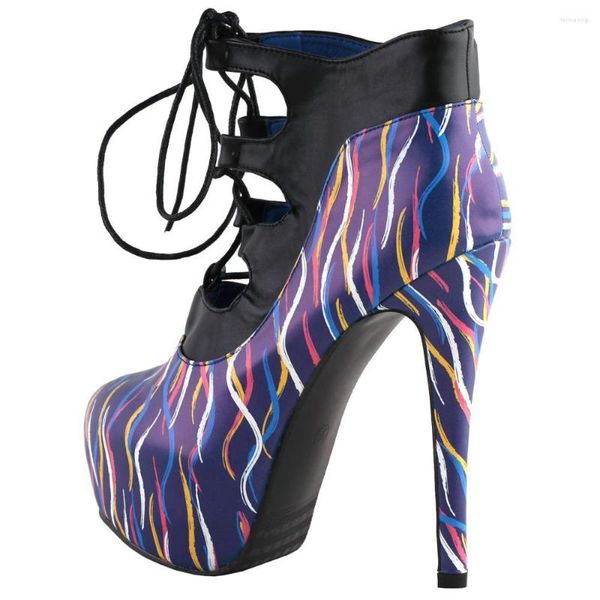 Abendschuhe LF80886 SHOW STORY Retro Mehrfarbiger Kurvendruck Schnür-Plateau Stiletto High Heels Ankle Boot Bootie