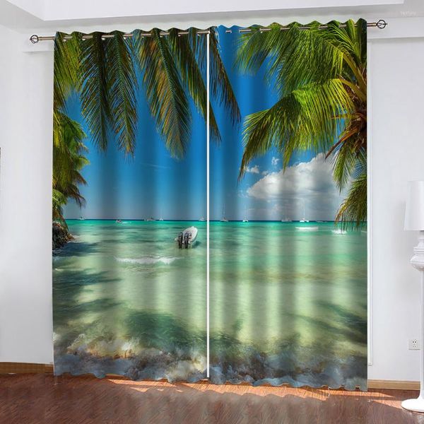 Curtain Po 3D-Vorhänge für Wohnzimmer, Fenster, blaue Strandlandschaft, Dekoration