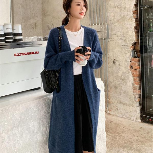 Cardigan in maglia da donna Donna Autunno Stile lungo Solido al ginocchio Capispalla femminili larghi Punto aperto Stile coreano Semplice tutto-fiammifero Preppy