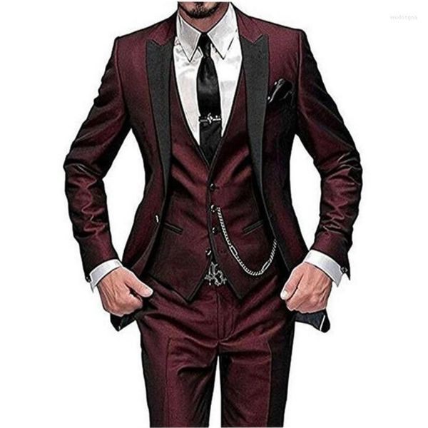 Costumes pour hommes Vin rouge Style italien coloré smoking marié bal robe rose mariage élégant costume pour hommes mince ensemble 3 pièces (veste pantalon gilet)