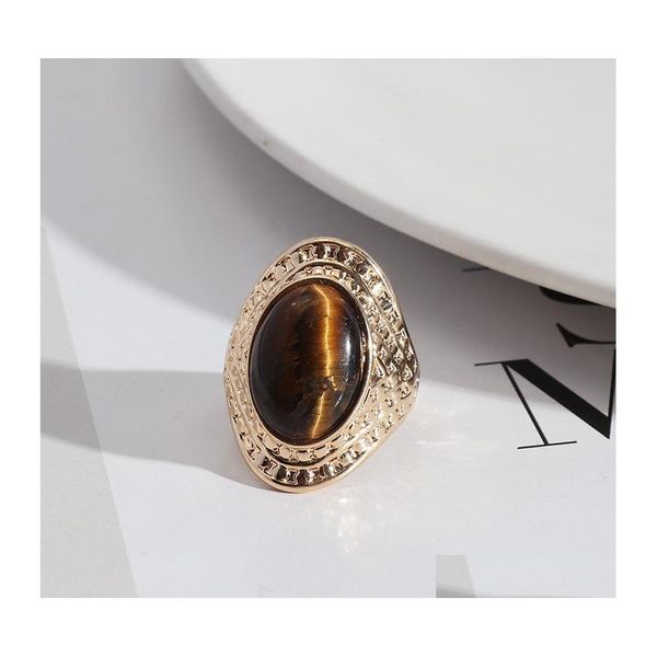 Solitaire Ring Retro Gold Oval Tigerauge Stein Ringe Mode Innendurchmesser 1,7 cm Farbband Schmuck Für Frauen Ganze Drop Lieferung Dh36O