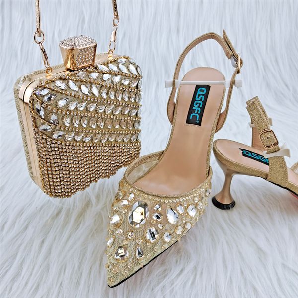 Zapatos de vestir QSL064 Diseño de oro italiano elegante y bolso para combinar conjunto africano tacones cómodos fiesta para boda 230216