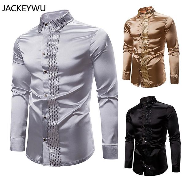 Männer Hosen Shiny Gold Pailletten Splice Schwarz Seide Kleid Hemd Männer Langarm Disco Party Casual Shirts Männlichen Nachtclub prom