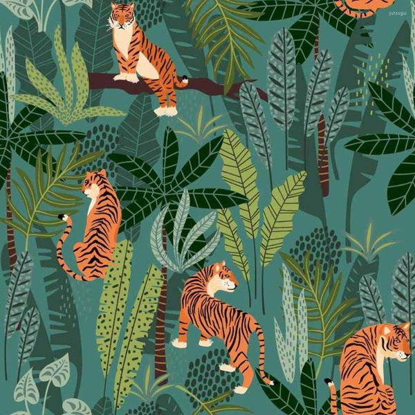 Carta da parati Carta da parati moderna staccabile e incollata Palme tropicali Foresta Giungla Animale Tigre Asilo nido Decorazione della parete della stanza dei bambini