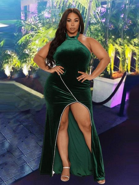 Abiti taglie forti Abbigliamento donna Abito da festa nuziale con cavezza spaccata Backless Green Evening Maxi 5xl Drop all'ingrosso all'ingrosso